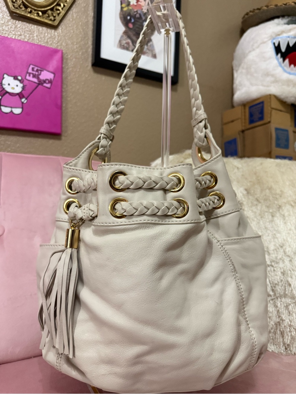 Michael Kors Cream Leather Hobo Bag w Tassel and Braided Handle & Accents